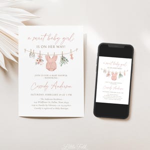 May include: A pink baby shower invitation with a watercolor illustration of a baby onesie, shoes, flowers, and greenery hanging on a clothesline. The text reads "a sweet baby girl is on her way!" and includes the name "Cassidy Anderson" and details for the baby shower.