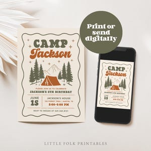 May include: A rectangular birthday invitation card and a smartphone displaying the same design. The invitation features a cream background, a wavy border, and graphics of a tent, trees, and mountains. Text includes Camp Jackson, June 15, and event details.