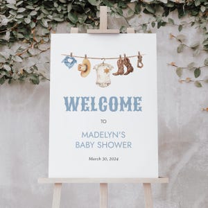 Cartello di benvenuto per baby shower da cowboy, cartello di benvenuto per baby shower da western, modello di cartello stampabile con stendibiancheria ad acquerello, DOWNLOAD DIGITALE