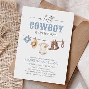 Invito per baby shower cowboy, modello, invito per baby shower occidentale modificabile, un piccolo cowboy è in arrivo, DOWNLOAD DIGITALE