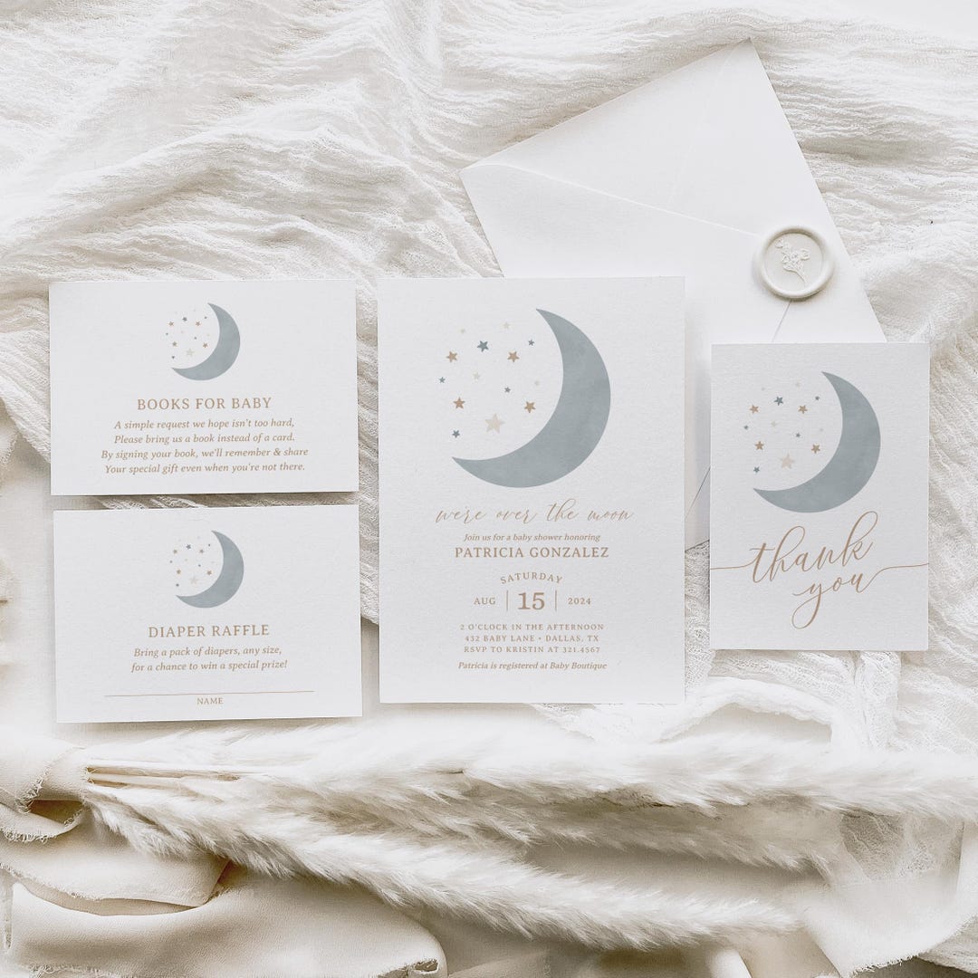 Over the Moon Boy Baby Shower Invitation Set, Editable Moon and Stars ...