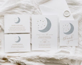 Over the Moon Boy Baby Shower Invitation Set, Editable Moon and Stars Baby Shower Invite Books for Baby Diaper Raffle Ticket Template