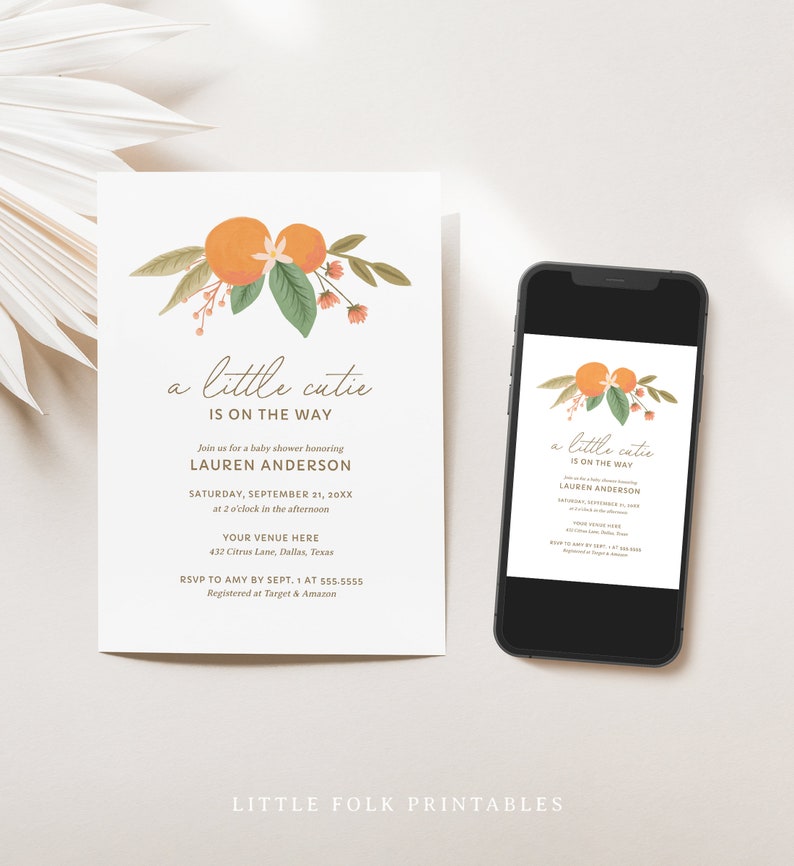 A Little Cutie is on the Way Baby Shower Invitation, Citrus Baby Shower Invite, Printable Invitation Template, DIGITAL DOWNLOAD image 2