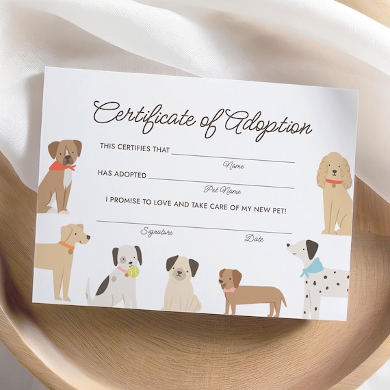 Editable Puppy Adoption Certificate Template, Printable Dog Birthday Adoption Certificate and Sign, DIGITAL DOWNLOAD