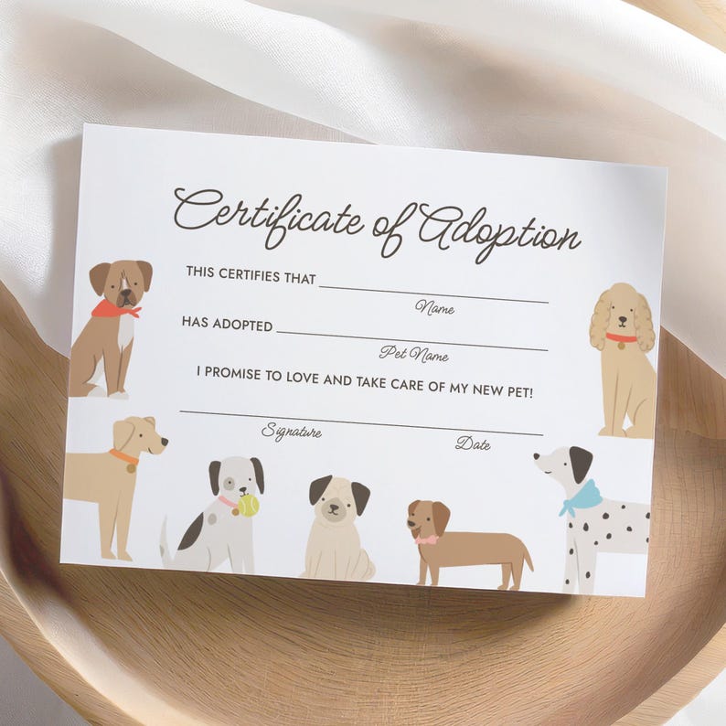 May include: A white certificate with the words "Certificate of Adoption" in elegant script. The certificate features illustrations of various dog breeds and includes spaces to fill in the pet's and owner's names, and a promise to care for the pet.