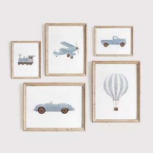 Vintage Travel Boy Nursery Wall Art, Printable Transportation Nursery Decor, Blue Hot Air Balloon Plane Train Prints, DIGITAL DOWNLOAD