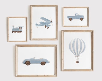Vintage Travel Boy Nursery Wall Art, Printable Transportation Nursery Decor, Blue Hot Air Balloon Plane Train Prints, DIGITAL DOWNLOAD