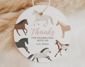 Horse Birthday Favor Tag, Printable Pony Birthday Party Gift Tag, Editable Round Tag Template, DIGITAL DOWNLOAD