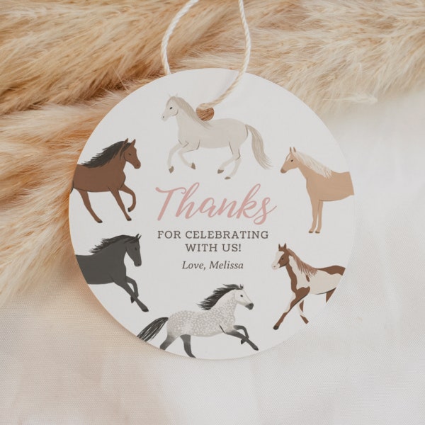 Horse Birthday Favor Tag, Printable Pony Birthday Party Gift Tag, Editable Round Tag Template, DIGITAL DOWNLOAD