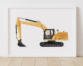 Yellow Excavator Print, Boys Room Decor, PRINTABLE Construction Vehicle Wall Art, Construction Birthday Party, DIGITAL DOWNLOAD