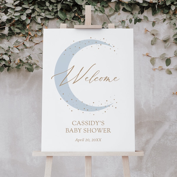 Over the Moon Baby Shower Welcome Sign Template, Editable Blue Moon and Stars Baby Shower Welcome Sign, DIGITAL DOWNLOAD