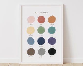 Pode incluir: Um gráfico imprimível com as palavras "MINHAS CORES" no topo. O gráfico mostra 12 cores diferentes, cada uma com um círculo representando a cor e o nome da cor escrito abaixo do círculo. As cores são rosa, vermelho, laranja, amarelo, verde, azul-turquesa, azul, índigo, roxo, marrom, cinza e preto.