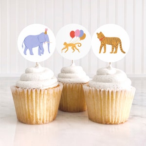 Jungle Safari Birthday Cupcake Toppers, Printable Party Animals Birthday Party Decor, DIGITAL DOWNLOAD