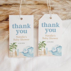Bearbeitbare Surfbrett Babyparty Favor Tag Vorlage, druckbare Baby an Bord Babyparty Geschenkanhänger, Coastal Surf Beach, DIGITAL DOWNLOAD