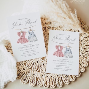 May include: Two gender reveal party invitations with a watercolor illustration of baby clothes hanging on a clothesline. The text on the invitations reads "Please join us for a Gender Reveal" and includes the names "Stephanie & Micah" and the date and time of the event.