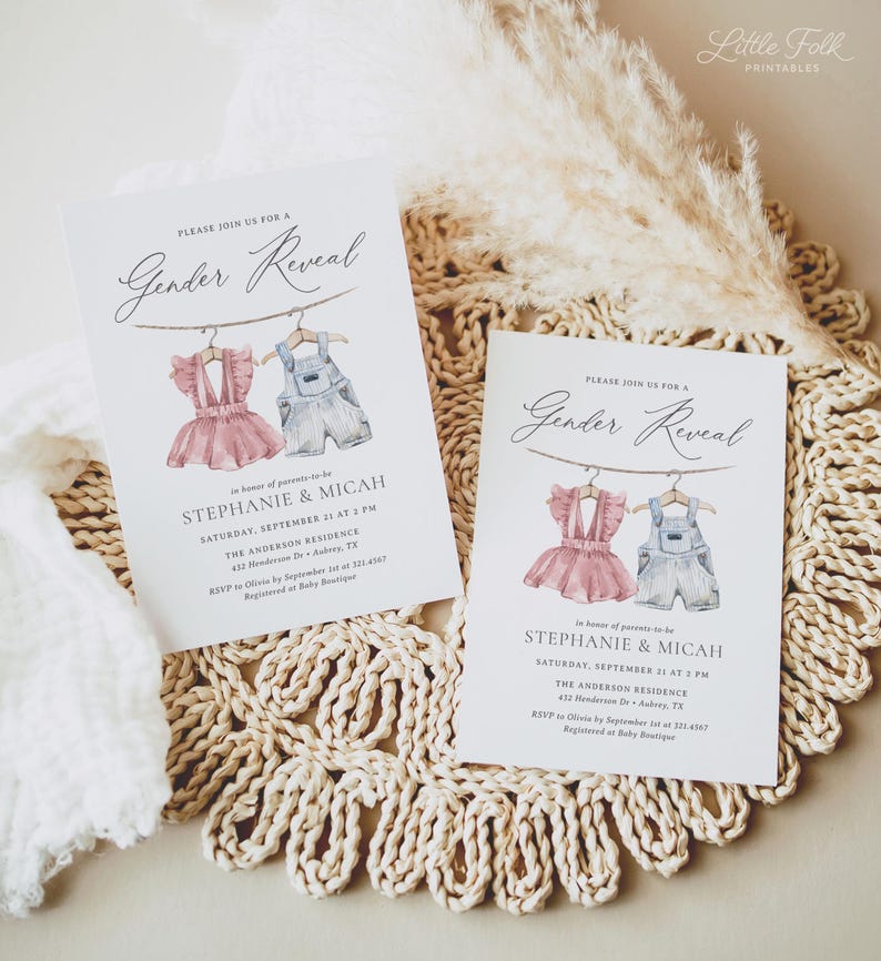 May include: Two gender reveal party invitations with a watercolor illustration of baby clothes hanging on a clothesline. The text on the invitations reads "Please join us for a Gender Reveal" and includes the names "Stephanie & Micah" and the date and time of the event.