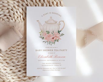 Tea Party Baby Shower Invitation Template, A Baby is Brewing Floral Baby Shower Invite, DIGITAL DOWNLOAD