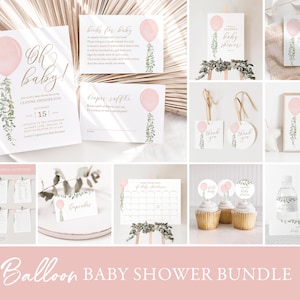 Oh Baby Pink Balloon Baby Shower Invitation Bundle, Printable Balloon Baby Shower Decorations and Games, Editable Template, DIGITAL DOWNLOAD