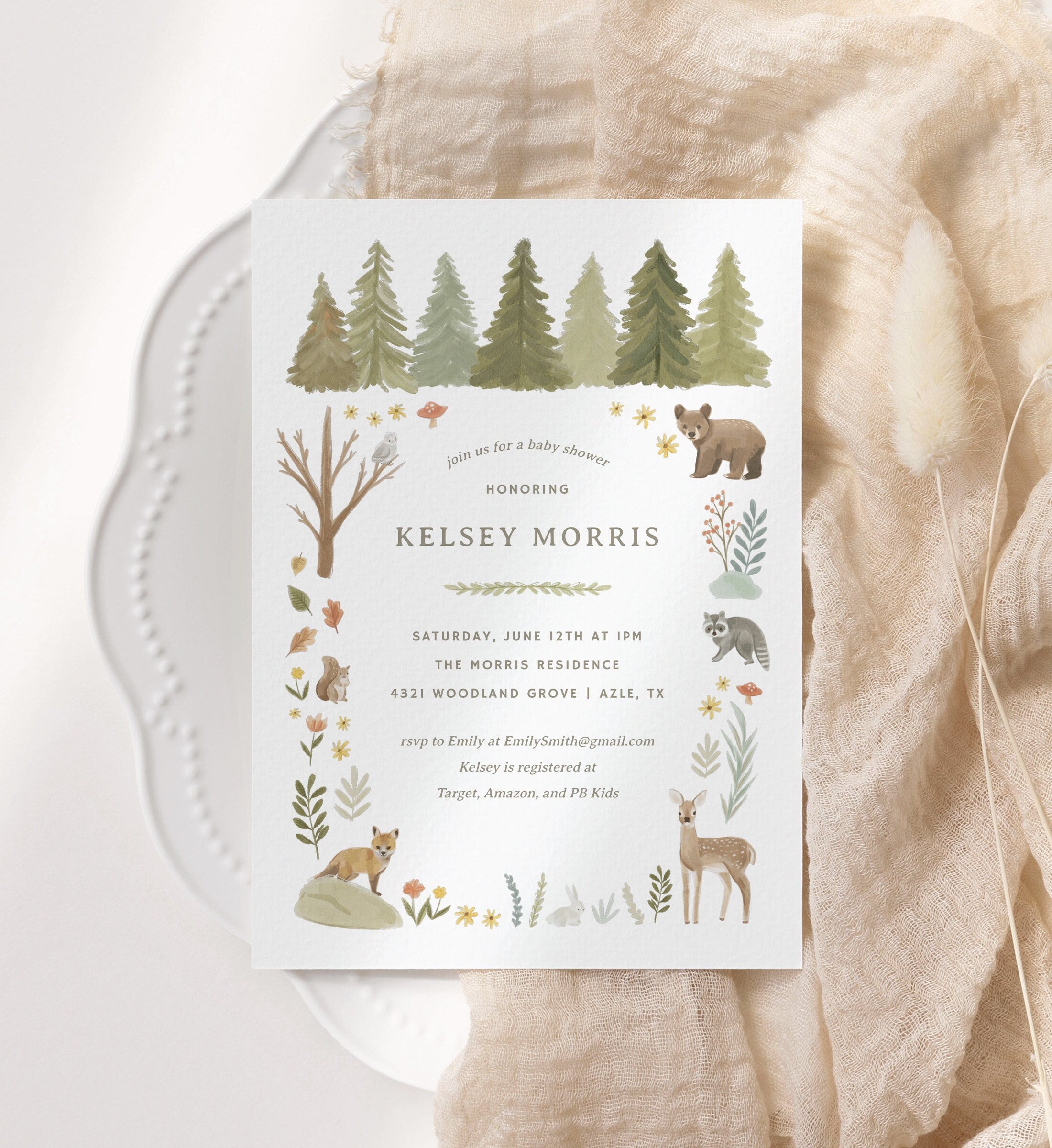 Woodland Baby Shower Invitation, Woodland Animals Baby Shower Invite, Printable Invitation Template, DIGITAL DOWNLOAD