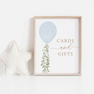 Niebieski balonik Baby Shower Cards and Gifts Sign, Akwarelowy balonik Gift Table Sign, Wydrukowany znak Baby Shower, CYFROWE POBIERANIE