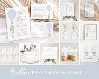 Oh Boy Balloon Baby Shower Invitation Bundle, Printable Balloon Baby Shower Decorations and Games, Editable Template, DIGITAL DOWNLOAD