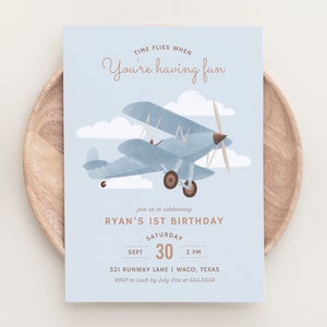 Airplane Birthday Invitation, Vintage Travel 1st Birthday Party Invite, First Birthday Invitation, Printable Invitation, Editable Template