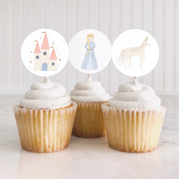 Editable Princess Birthday Cupcake Toppers, Printable Princess Unicorn Birthday Decor, DIGITAL DOWNLOAD
