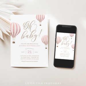 Pink Hot Air Balloon Baby Shower Invitation, Girl Baby Shower Invite, Oh Baby Printable Invitation Template, DIGITAL DOWNLOAD image 2