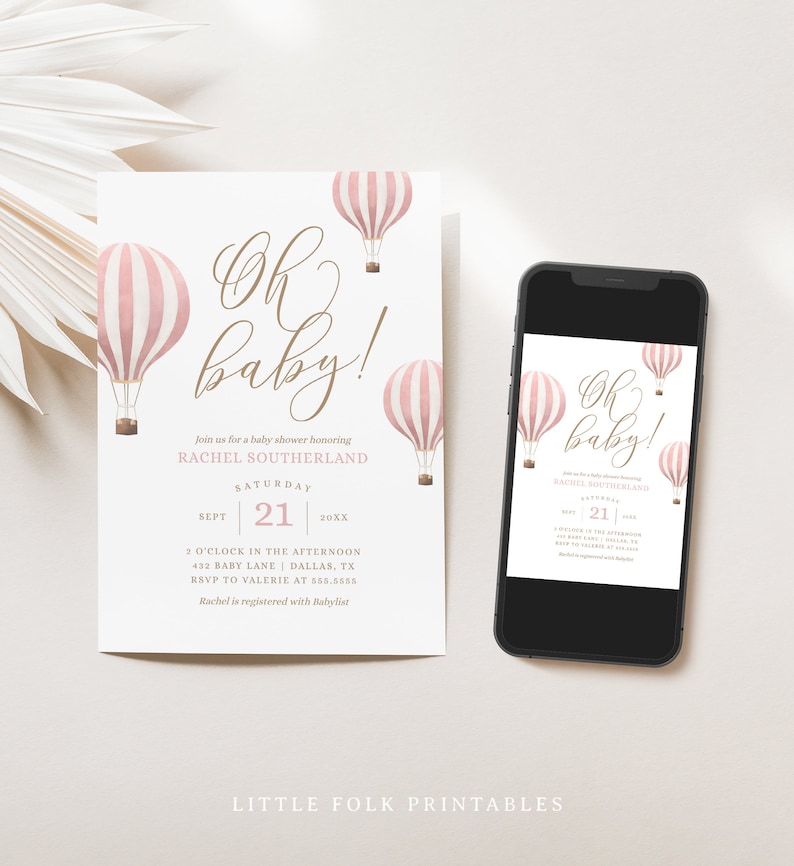 Pink Hot Air Balloon Baby Shower Invitation, Girl Baby Shower Invite, Oh Baby Printable Invitation Template, DIGITAL DOWNLOAD image 2