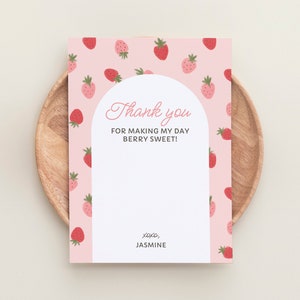 Modèle de carte de remerciement anniversaire fraise modifiable, imprimable Berry 1er anniversaire plat carte de remerciement, téléchargement numérique