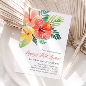 Luau 1st Birthday Invitation Template, Tropical Luau Birthday Invite, Hawaiian Birthday, Watercolor Floral Hibiscus, DIGITAL DOWNLOAD