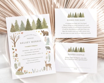 Peut inclure: Une invitation à une fête prénatale sur le thème de la forêt avec une illustration aquarelle d'une forêt, d'animaux et de fleurs. L'invitation comprend le texte "Rejoignez-nous pour une fête prénatale en l'honneur de Kelsey Morris" et les détails de l'événement. Il y a aussi deux cartes pour que les invités apportent un livre ou des couches pour le bébé.