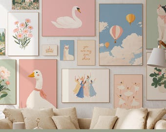 May include: A collection of framed wall art featuring various illustrations. The art includes a swan, flowers, hot air balloons, a llama, and dancers. The color palette is soft, with pinks, blues, and greens. Text at the bottom reads "Wall Art Bundle 80+ PRINTS INCLUDED."