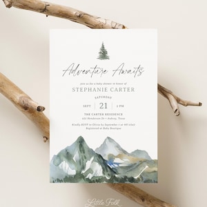 Adventure Awaits Woodland Baby Shower Invitation, Editable Mountain Pine Trees Baby Shower Invite, DIGITAL DOWNLOAD