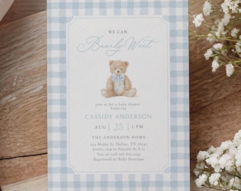 Teddy Bear Baby Shower Invitation Template, We Can Bearly Wait Blue Gingham Boy Baby Shower Invite