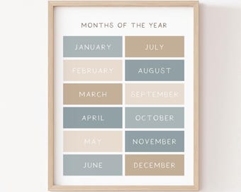 Neutral Months of the Year Poster, Printable Educational Homeschool Wall Art, Boho Classroom Decor (Digital Download)