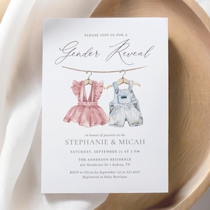Faire-part de révélation de sexe de vêtements de bébé rose et bleu, invitation de fête de révélation de sexe de corde à linge, modèle modifiable, téléchargement numérique