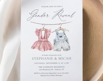 May include: A gender reveal party invitation with a watercolor illustration of two baby outfits hanging on a clothesline. The invitation is for Stephanie and Micah and includes the date, time, and location of the event. RSVP information is also included.
