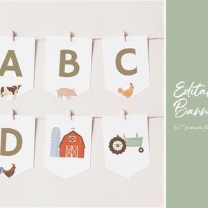 May include: Editable farm-themed banner with five 5x7 inch pennant flags. Each flag features a letter of the alphabet, A-D, and a farm animal or object. The letters are in a gold color.