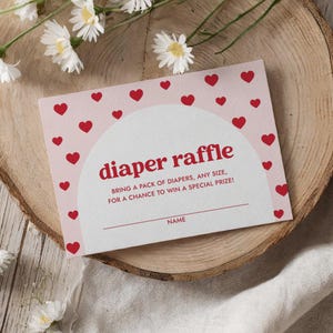 Valentinsgruß-Baby-Dusche-Windel-Verlosungskarte, druckbare kleine süße Windel-Gewinnkarte, rosa rote Herzen, DIGITALER DOWNLOAD
