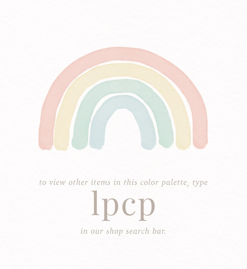 May include: A watercolor rainbow with pastel pink, yellow, and blue colors. To view other items in this color palette, type "lpcp" in our shop search bar.