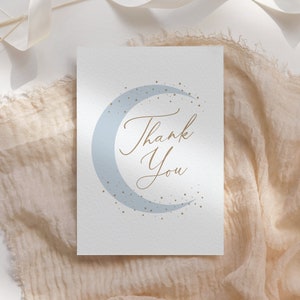Modello di biglietto di ringraziamento per Baby Shower sulla luna, biglietto di ringraziamento piegato con luna blu e stelle modificabili, DOWNLOAD DIGITALE