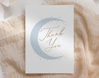 Mall för tackkort för babyshower med över månen, redigerbart vikt tackkort med blå måne och stjärnor, digital nedladdning
