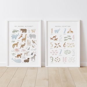 Alfabeto de animales y números, impresiones, arte de pared para imprimir, póster ABC, arte educativo, decoración de habitaciones infantiles, decoración de aulas, descarga digital