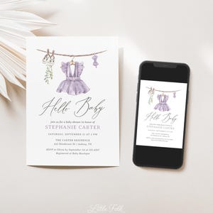 May include: A baby shower invitation featuring a watercolor design. The invitation includes the text "Hello Baby" in elegant script, along with event details. A smartphone displays the same invitation. The design includes a purple dress.