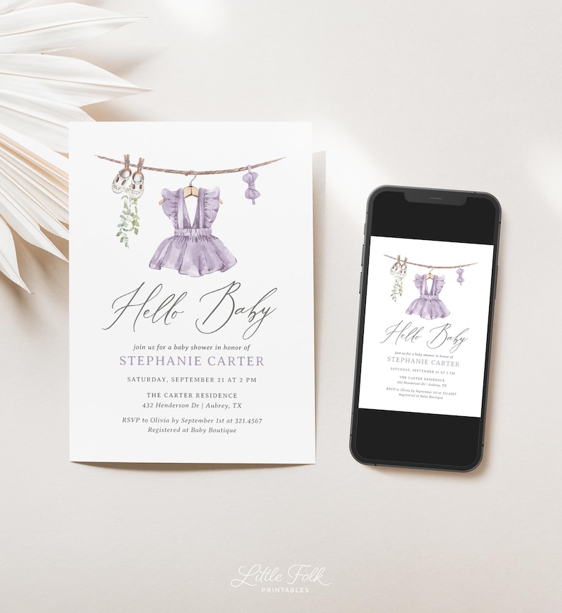 May include: A baby shower invitation featuring a watercolor design. The invitation includes the text "Hello Baby" in elegant script, along with event details. A smartphone displays the same invitation. The design includes a purple dress.