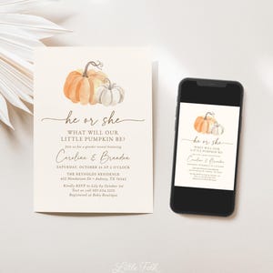 Little Pumpkin Gender Reveal Invitation, Fall Gender Reveal Invite, Printable Pumpkin Invitation Template, DIGITAL DOWNLOAD image 2