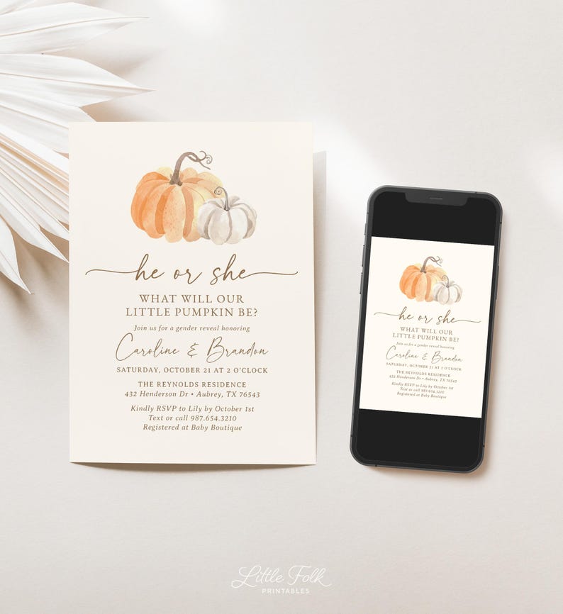 Little Pumpkin Gender Reveal Invitation, Fall Gender Reveal Invite, Printable Pumpkin Invitation Template, DIGITAL DOWNLOAD image 2