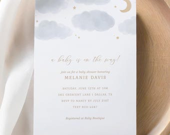 Moon and Stars Baby Shower Invitation, Boy Baby Shower Invite, Printable Invitation Template, Over the Moon, DIGITAL DOWNLOAD