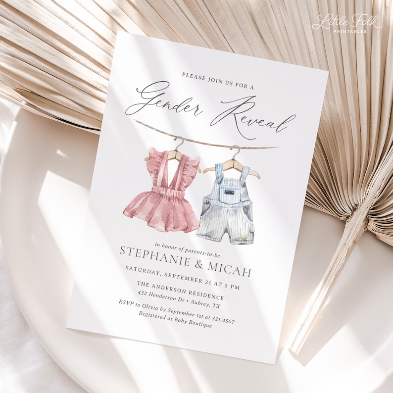 May include: A gender reveal invitation with a watercolor illustration of two baby outfits hanging on a clothesline. The text reads "Please join us for a Gender Reveal" and includes the names Stephanie & Micah, the date and time of the event, and the location.